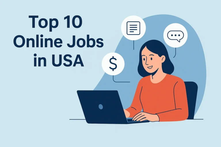 Illustration of a woman working on a laptop with icons representing the top 10 online jobs in the USA, including writing, communication, and money-making. Top 10 Online Jobs in USA