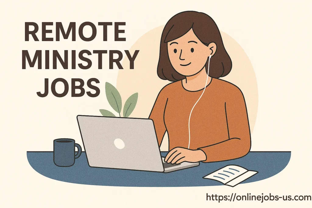 Illustration of a person working on a laptop with Christian symbols, representing remote ministry jobs and virtual faith-based work opportunities.