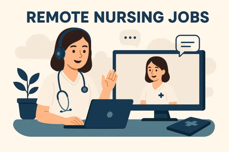 Illustration of a nurse in scrubs doing a virtual consultation via computer, representing remote nursing jobs and the future of healthcare from home.