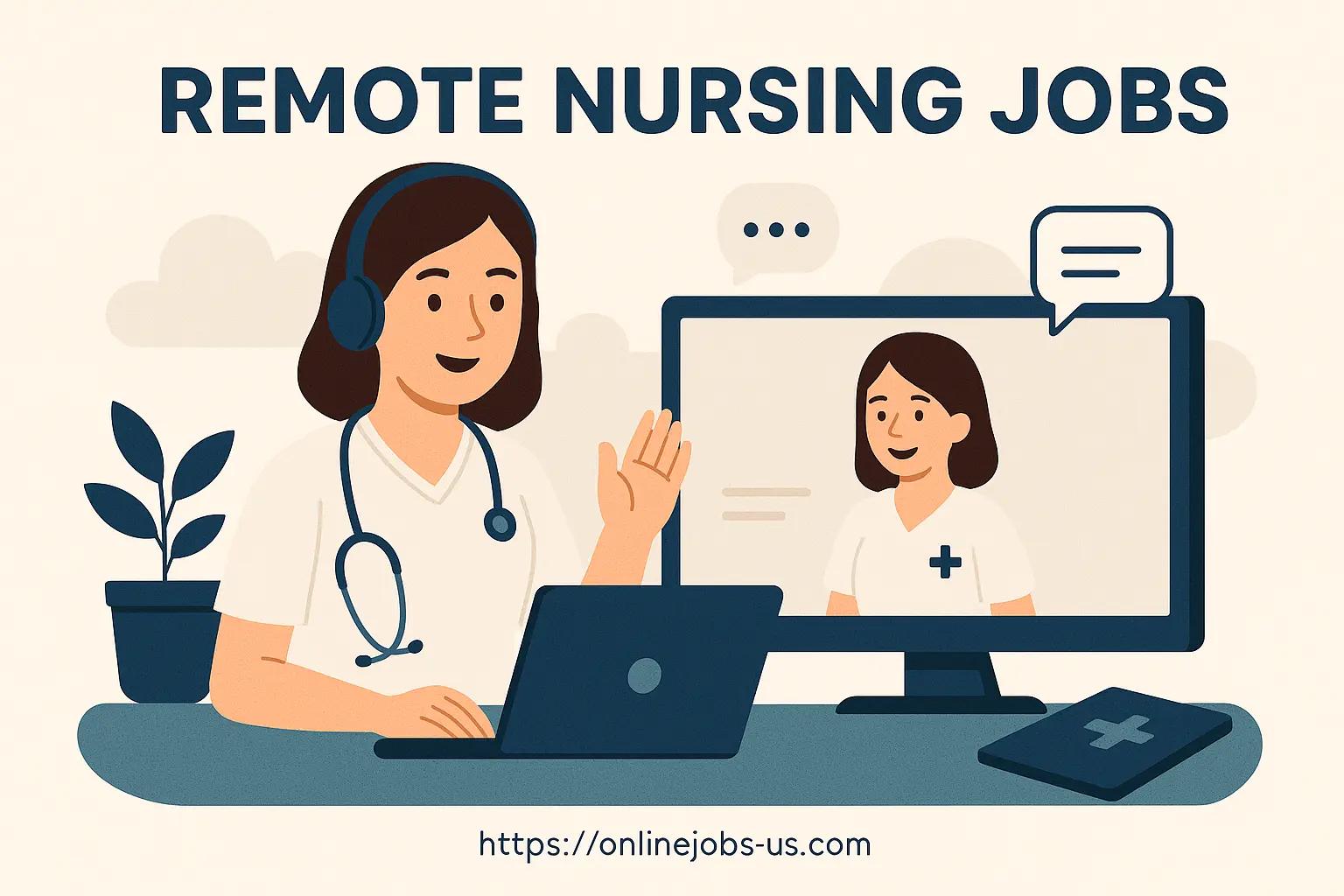 Illustration of a nurse in scrubs doing a virtual consultation via computer, representing remote nursing jobs and the future of healthcare from home.
