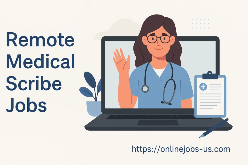 Flat-style illustration of a female remote medical scribe on a laptop screen, representing remote medical scribe jobs with work-from-home tools and site branding.