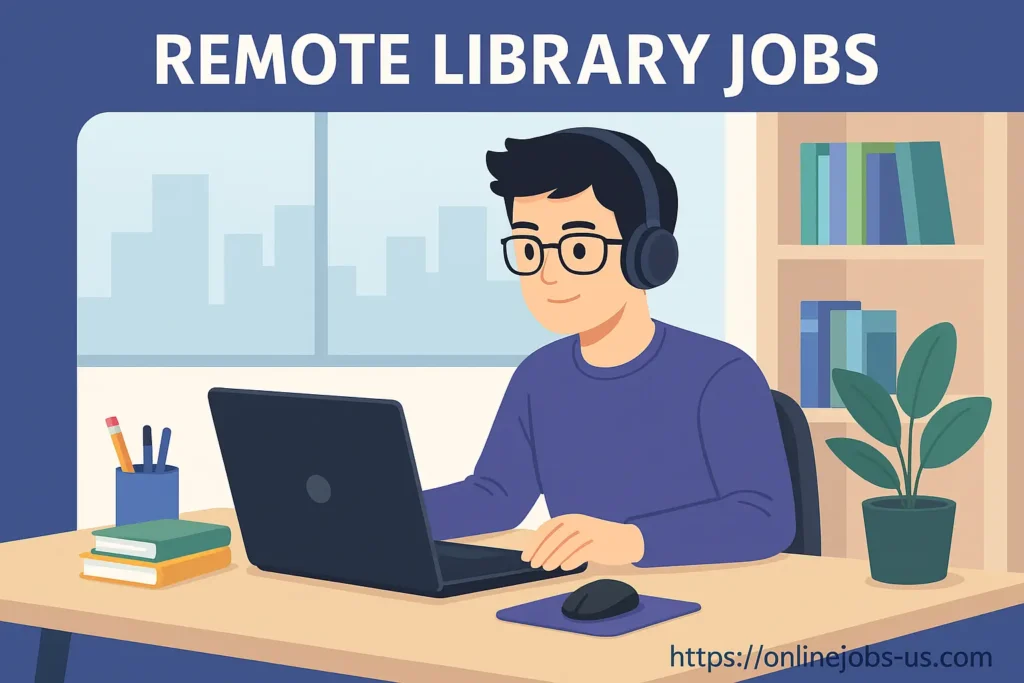 Illustration of a man working from home on remote library jobs, wearing headphones and using a laptop with books and digital resources around him.