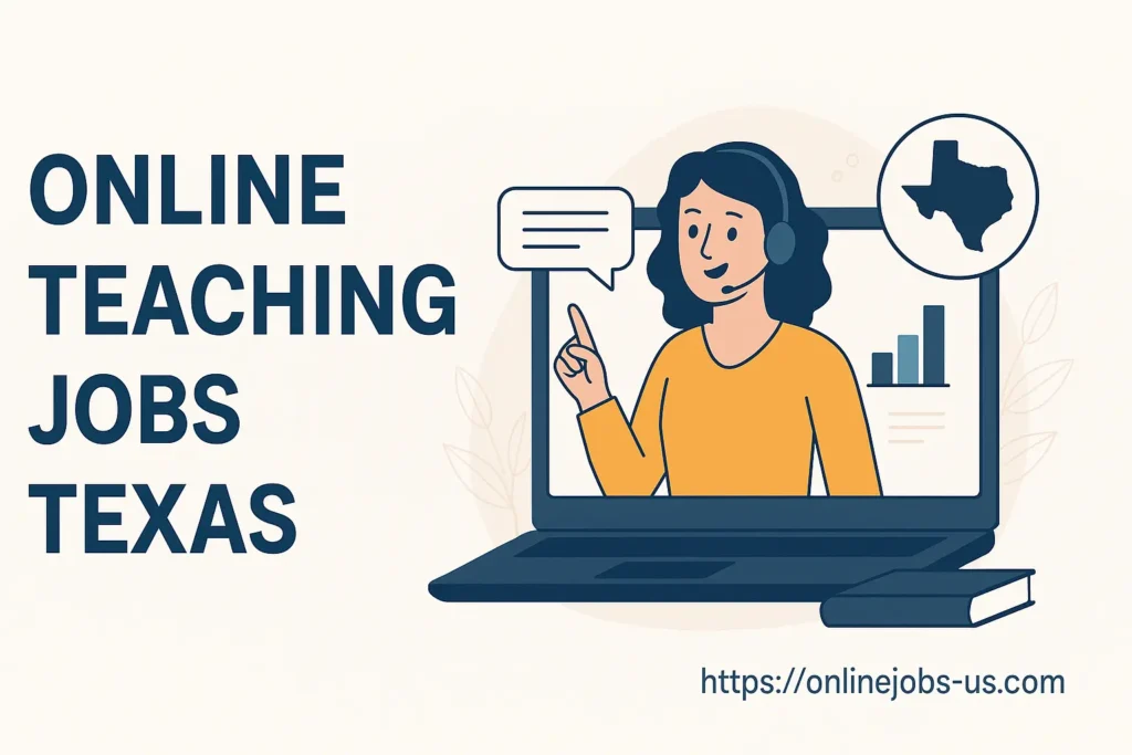 Illustration of a remote teacher with headset and laptop representing Online Teaching Jobs Texas, promoting flexible virtual education opportunities.