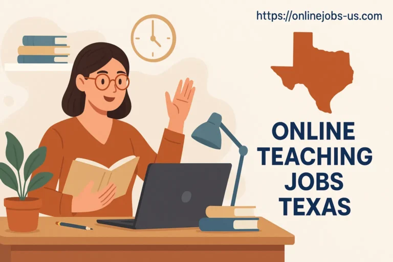 Illustration of a remote teacher with headset and laptop representing Online Teaching Jobs Texas, promoting flexible virtual education opportunities.