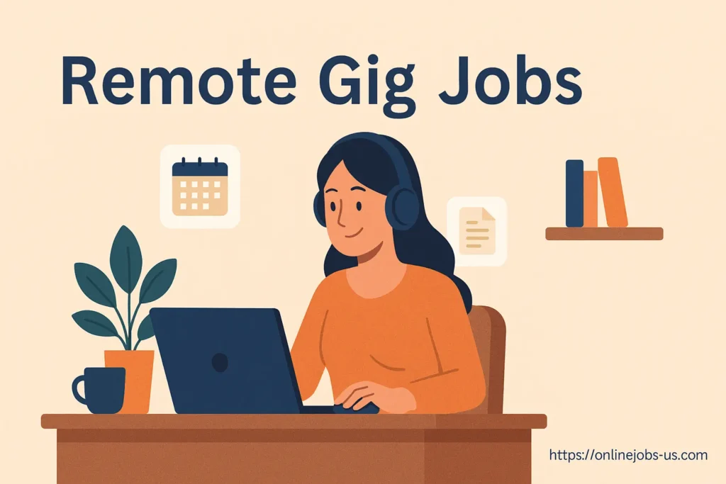 Flat illustration of a woman working remotely on a laptop, symbolizing flexible and high-paying Remote Gig Jobs in a home office setting.