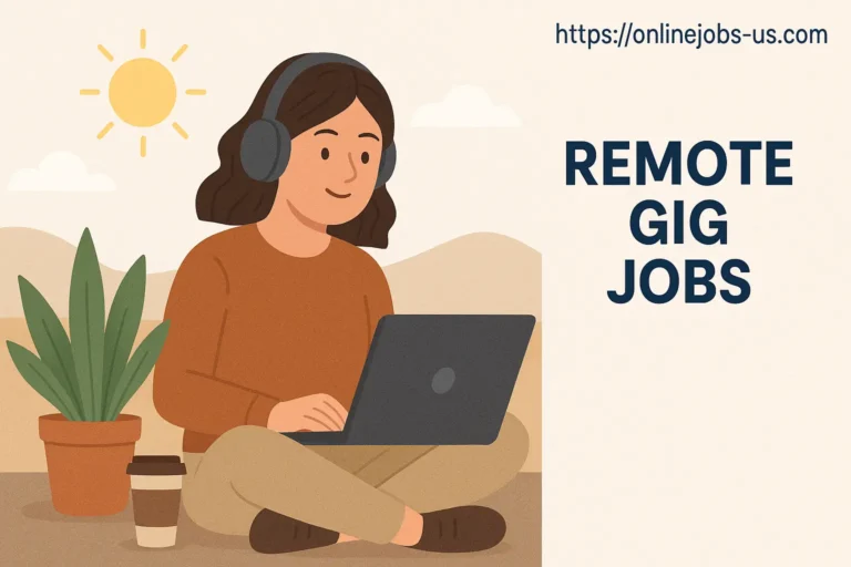 Flat illustration of a woman working remotely on a laptop, symbolizing flexible and high-paying Remote Gig Jobs in a home office setting.