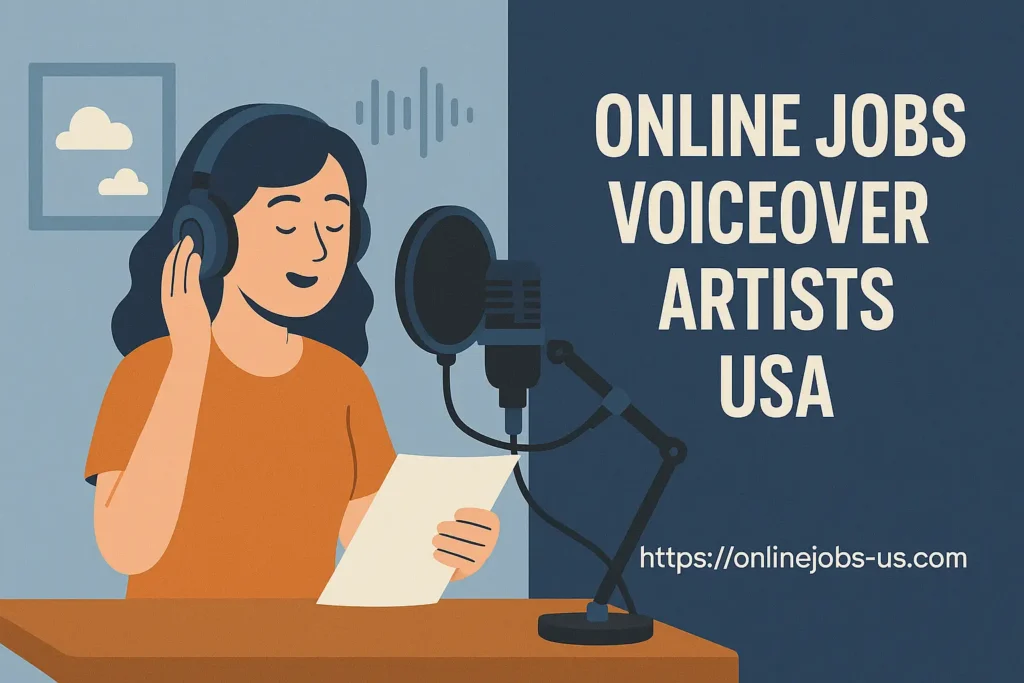 Illustration of a voiceover artist recording audio at home, representing top Online Jobs for Voiceover Artists USA with flexible income options.