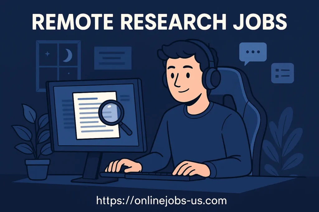 A 2D digital illustration of a young man wearing headphones, sitting in a gaming chair and working on a desktop computer. The screen displays a document with a magnifying glass over it, symbolizing research. The background includes icons for communication, a night window, and plants. At the bottom of the image, the small text "https://onlinejobs-us.com" appears, indicating the website source. The main heading reads "REMOTE RESEARCH JOBS."