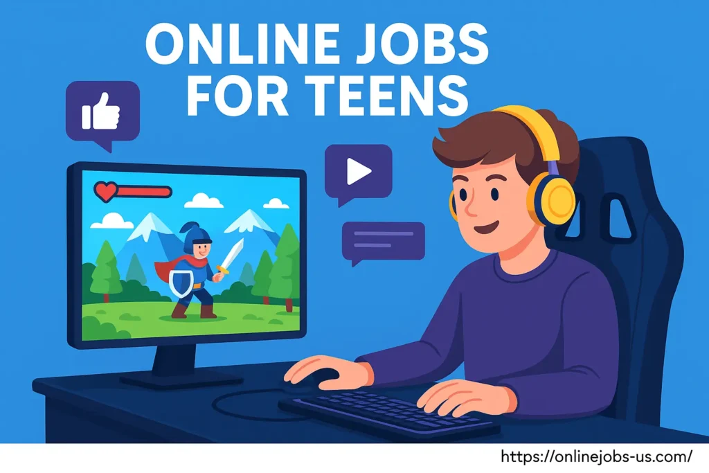 Teen gamer wearing headphones working online—highlighting the concept of online jobs for teens in a fun, engaging, and digital environment.