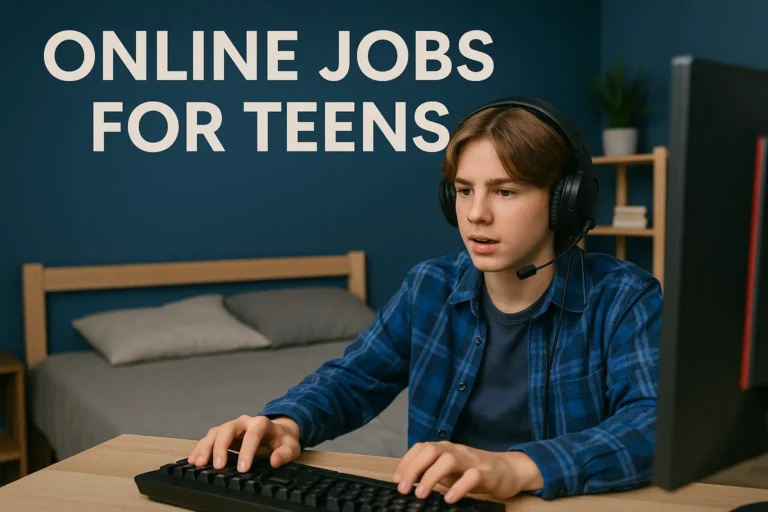 Teen gamer wearing headphones working online—highlighting the concept of online jobs for teens in a fun, engaging, and digital environment.