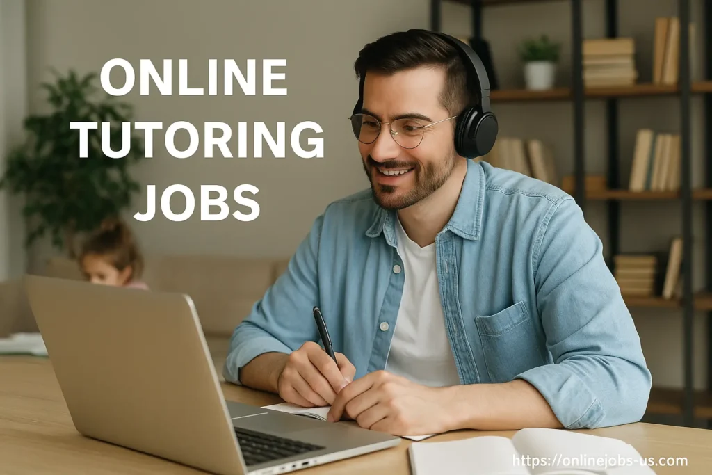 Smiling male tutor in headphones teaching online at home, representing online tutoring jobs with flexible, remote education opportunities.