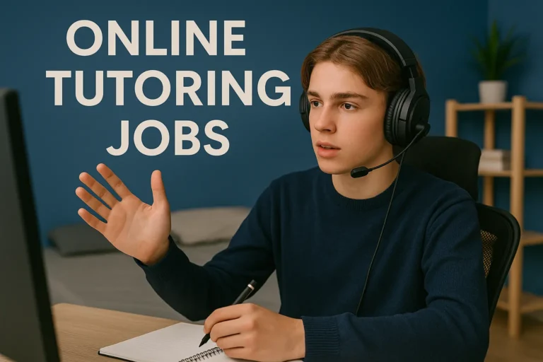 Smiling male tutor in headphones teaching online at home, representing online tutoring jobs with flexible, remote education opportunities.