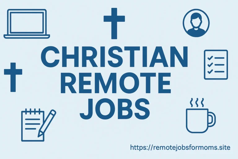 Illustration of a Christian man working remotely from home on a laptop, with a cross and Bible icons — promoting Christian remote jobs.