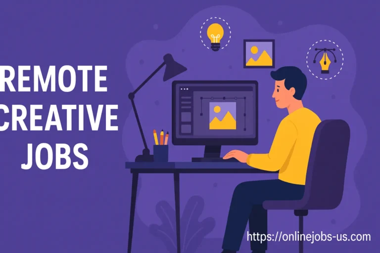 Illustration of a remote creative professional designing on a computer, symbolizing flexibility and freedom in remote creative jobs from home.