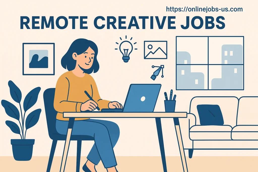 Illustration of a remote creative professional designing on a computer, symbolizing flexibility and freedom in remote creative jobs from home.