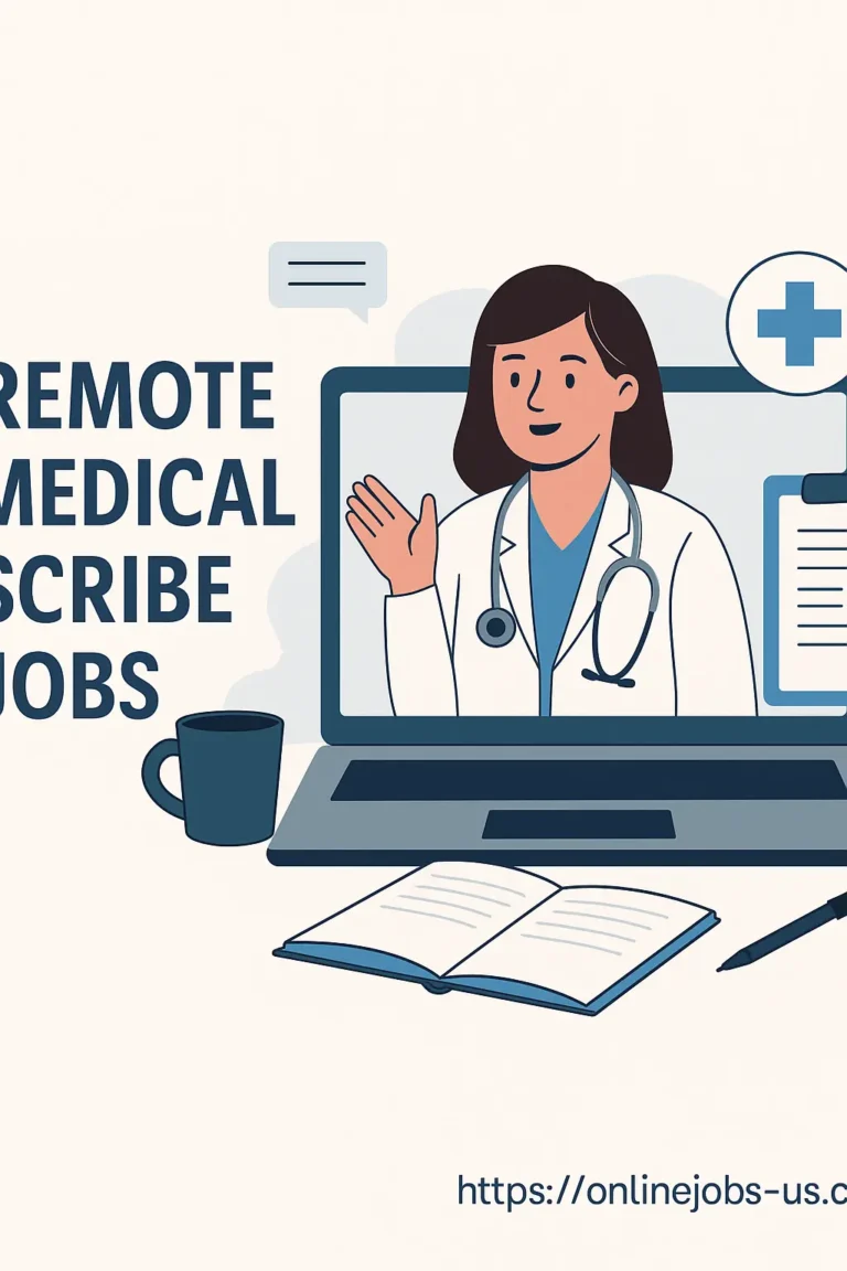 Flat-style illustration of a female remote medical scribe on a laptop screen, representing remote medical scribe jobs with work-from-home tools and site branding.