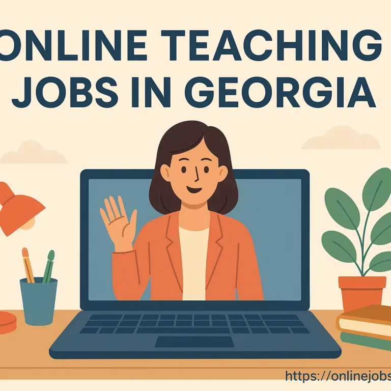 Illustration of a female online teacher waving from a laptop screen, promoting online teaching jobs in Georgia with the website link shown clearly.