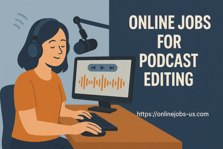 Illustration showing a remote podcast editor working on audio software, representing online jobs for podcast editing with flexible work options. Online Jobs for Podcast Editing